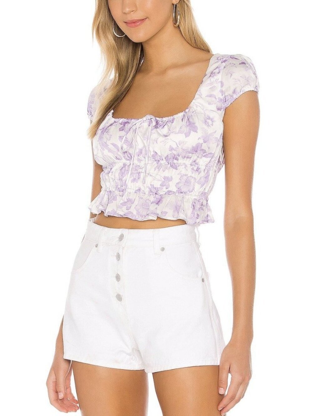 Revolve Coquette Fairy Majorelle Floral White Lilac Short Sleeve Crop Top XS